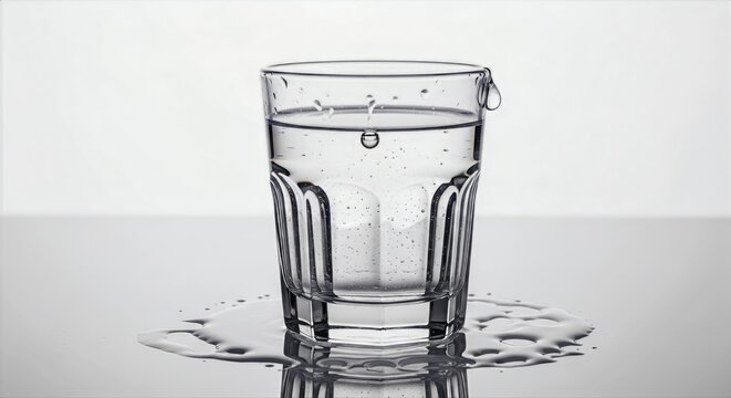 A clear glass, brimming with cool, refreshing water, has overflowed, creating a glistening puddle on a clean, reflective surface, emphasizing hydration and the properties of liquid