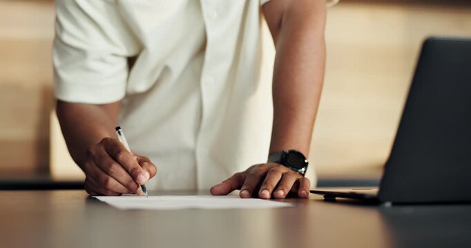 Review, signature or hands with document in home, property transfer agreement or deed of sale contract. Real estate, writing or person with paperwork for ownership, residence purchase or check info