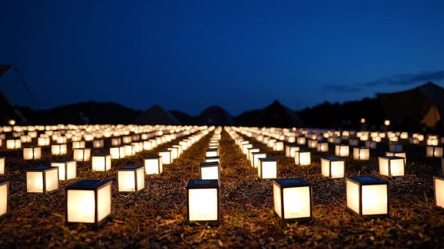 Illuminated lanterns arranged in rows on grassy field during twilight, creating a serene atmosphere with tents visible in the background under a deep blue sky
