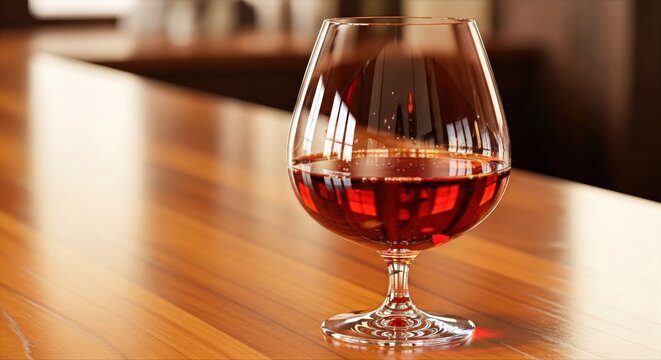 Elegant Glass of Amber Brandy Resting on a Polished Wooden Bar Counter in a Sophisticated Lounge Setting