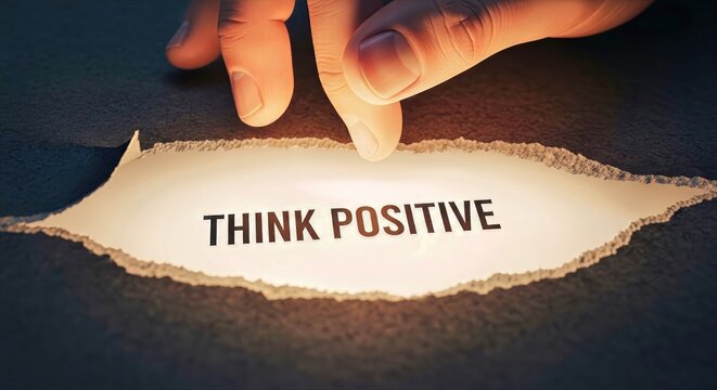 Hand revealing a hidden message of think positive written on paper to inspire a growth mindset and optimistic outlook for success