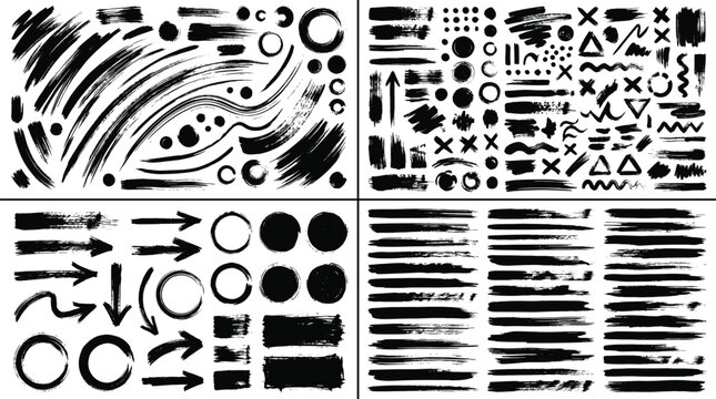 Comprehensive collection of hand drawn grunge brush strokes black ink lines arrows circles and rough texture design elements