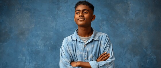 Fototapeta premium A confident young man stands with crossed arms against a textured blue background, embodying modern youth culture and self-assurance.