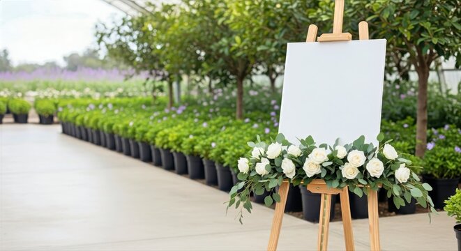 Serene outdoor setting features a beautiful blank wooden easel adorned with fresh white roses and lush greenery, ready for a personalized message or special occasion display