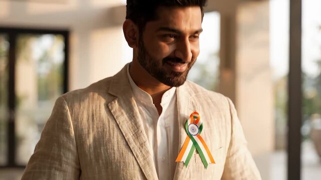 Indian man in beige suit carefully attaches a tricolor ribbon with a national emblem to his lapel, showcasing pride in a bright, modern indoor setting
