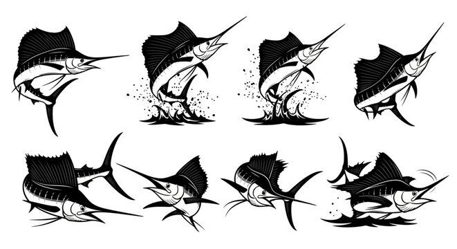 Eight sailfish illustrations jumping out of water in various dynamic poses in ocean