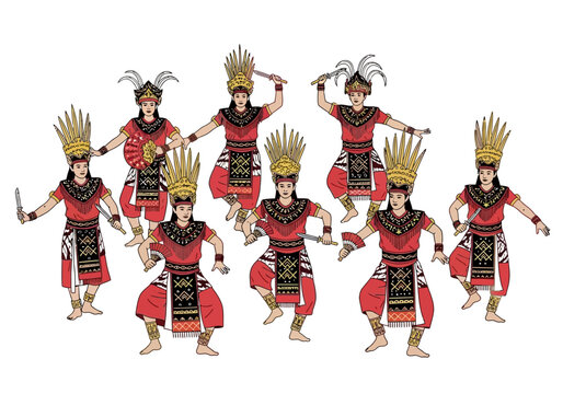 Group of Traditional Indonesian Dancers in Red Costumes with Golden Headdresses
