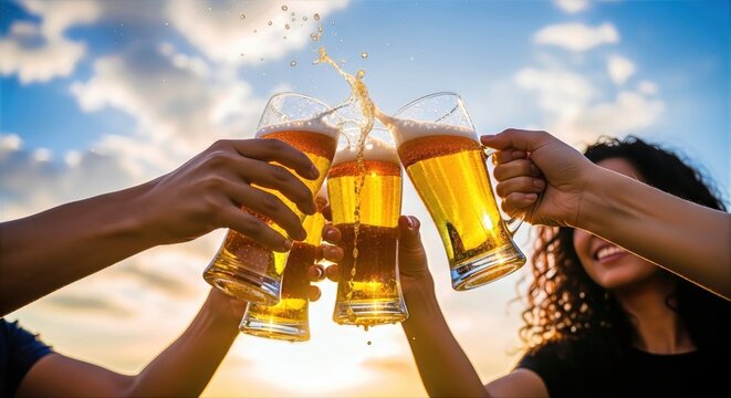 Friends toasting with refreshing beer glasses against a beautiful sunset sky, celebrating good times and shared moments of joy and relaxation outdoors