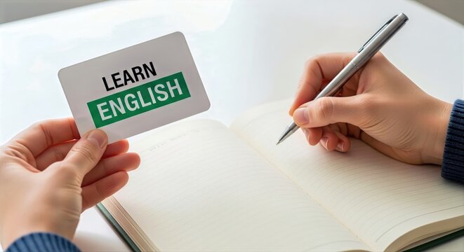 Person holding a card with the phrase learn english while writing in a notebook to practice language skills and academic study