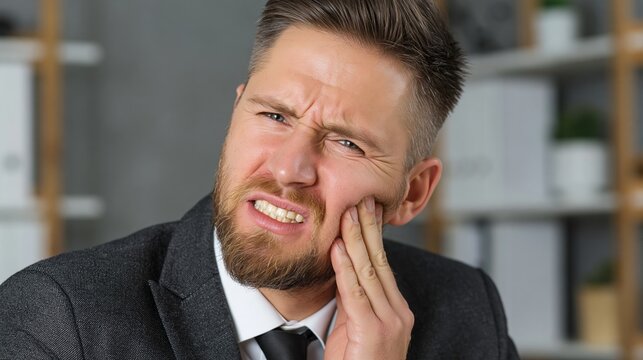 A bearded man in a suit grimaces in pain while holding his jaw, set against a blurred office background, illustrating dental health issues.
