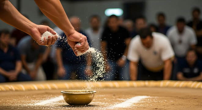 Athlete hands sprinkle salt ritual sumo ring ceremony transparent background