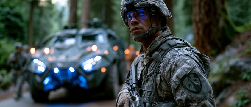 A vigilant soldier stands guard in a forest with a futuristic armored vehicle in the background, highlighting military readiness and defense technology.