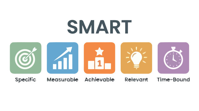A conceptual illustration of business goals and objectives with a target, graphs, a star, a lightbulb, and a clock.