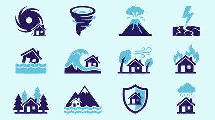 Fototapeta premium A collection of various disaster icons depicts houses and natural calamities.