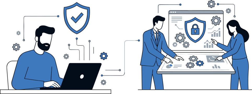 Cyber security management concept with IT specialist monitoring network firewall on laptop and data privacy analysts configuring protective system flat vector illustration