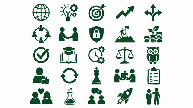 Business icons illustrate various aspects of commerce and industry in a detailed graphic.