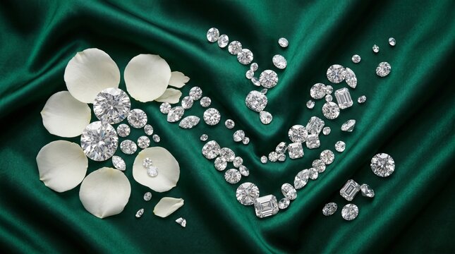 Luxury diamonds and white rose petals on elegant emerald green satin silk fabric background, brilliant gemstones jewelry top view flat lay