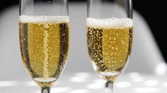 Two champagne flutes filled with sparkling golden beverage, bubbles rising continuously, captured in a bright setting with soft shadows and reflections on the surface