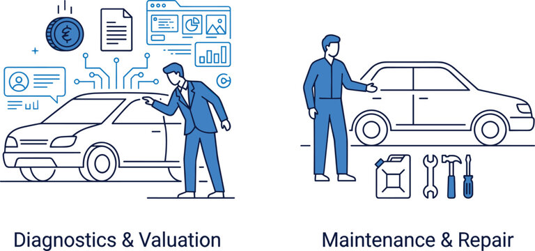 Car diagnostics valuation maintenance and repair concept set with mechanic inspecting auto vehicle with digital interface data analytics and tools flat vector illustration