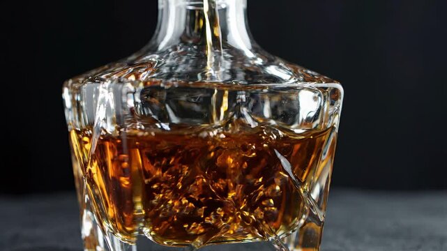 Glass decanter pouring amber liquid into a crystal glass, showcasing the rich color and texture of whiskey against a dark background