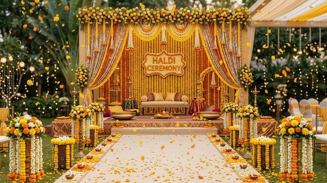 Vibrant yellow haldi ceremony stage with floral decor and falling petals at a traditional indian wedding.