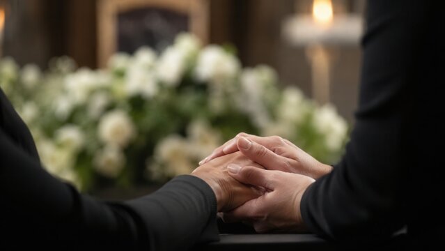 Hands clasped in prayer at a graveside surrounded by flowers with a blurred background and a solemn mood