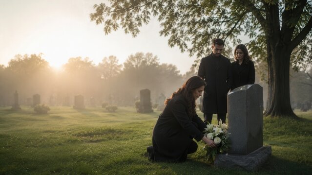Quiet Graveside Moment flowers couple cemetery headstones trees grassy field serene somber reflective