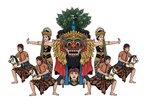 Indonesian Traditional Art Performance with Barong Mask and Dancers