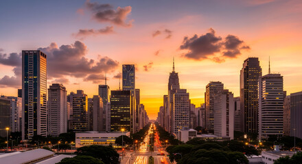 Fototapeta premium City skyline at sunset with tall buildings and dramatic sky