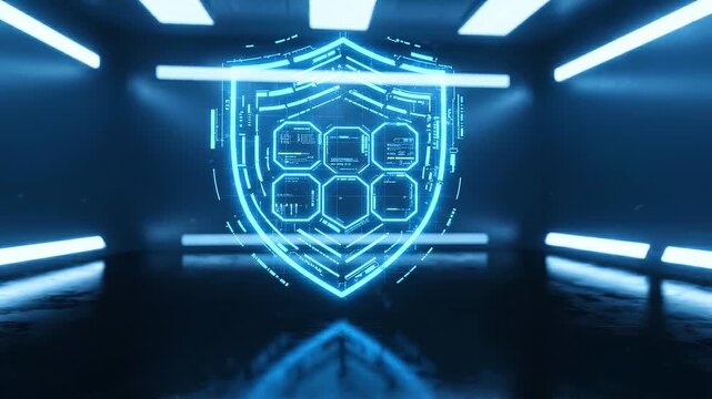 Blue digital shield with glowing hexagons and data streams transitions through a futuristic space with illuminated lines and reflective floor, showcasing advanced technology