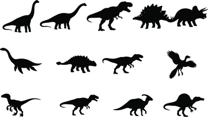 A comprehensive collection of black silhouette icons featuring various prehistoric dinosaurs and ancient creatures on white background © MdAsikul