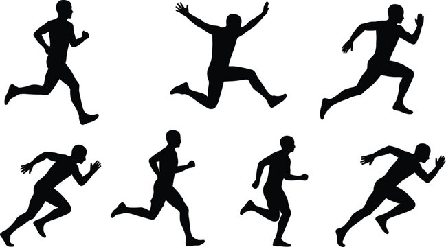 Set of running and jumping men silhouettes in dynamic action poses isolated on a white background.