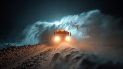Fototapeta premium Snowplow Battling Intense Blizzard on Mountain Road at Night