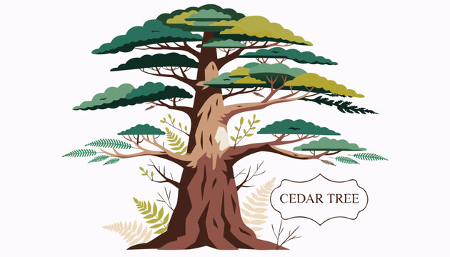 Very beautiful CEDAR TREE with dense evergreen foliage, textured bark, natural forest details, and a decorative botanical label reading "CEDAR TREE", isolated on white background.