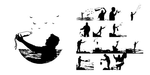 Obraz premium Man Releasing Message In A Bottle Into The Sea Silhouette