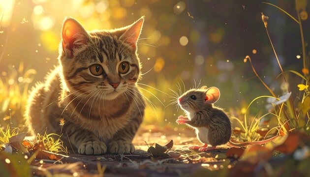 Kitten and mouse face each other