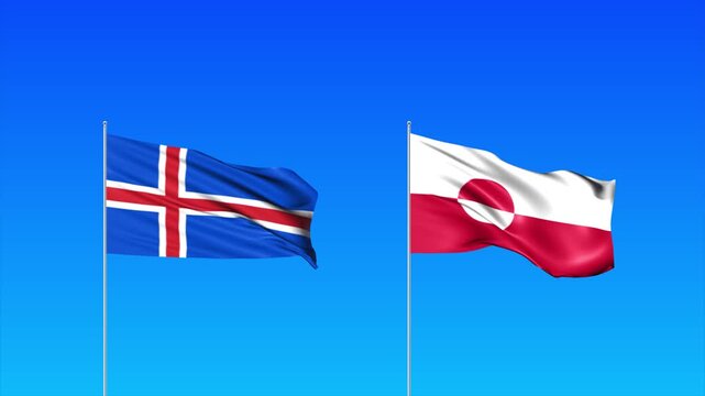 Iceland and Greenland Flags Animation Loop, Waving National Flags Background