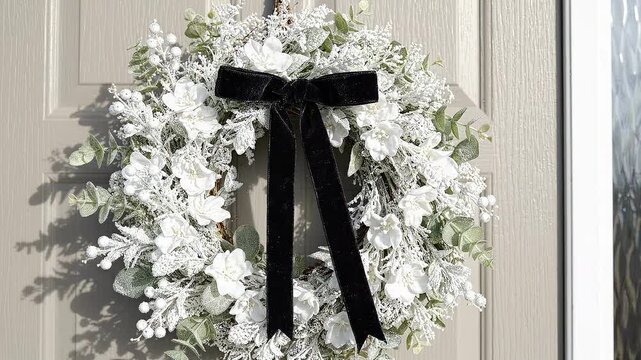 Decorative white floral wreath with black ribbon hangs on a beige door, showcasing intricate details of flowers and greenery in a well-lit outdoor setting