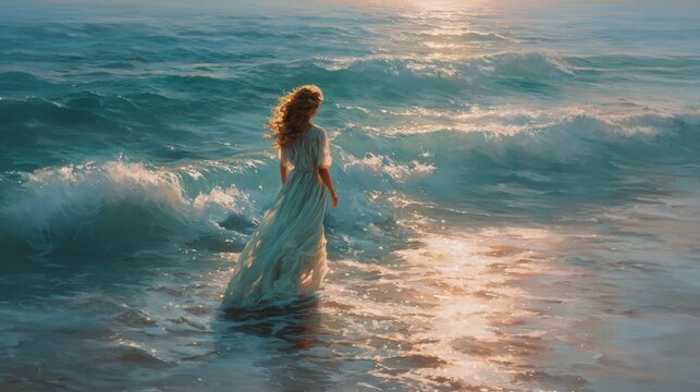 Aphrodite emerging from sea foam, soft pastel sunrise tones, flowing hair in gentle wind