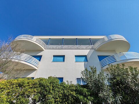 Ostia, Rome, Italy - May 18, 2026, detail of a modernist-style villa in line with the rationalist avant-garde, by architect Adalberto Libera, with a rectangular plan and geometric rigor, building A.