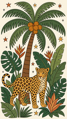 Obraz premium Stylized leopard stands proudly amidst lush tropical foliage and a palm tree