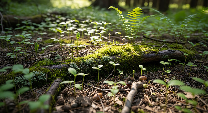 Closeup of a mossy log and small green forest plants on the forest floor in soft sunlight