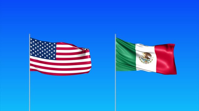 USA and Mexico Flags Animation Loop, Waving National Flags Background