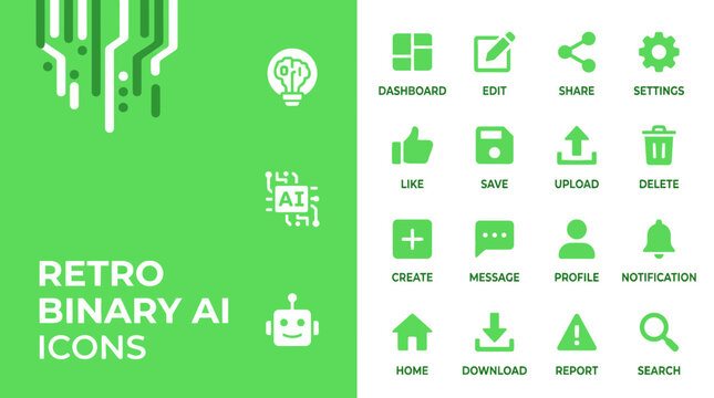 Retro AI Icons Set, Binary Code, Technology