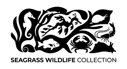 Seagrass Wildlife Collection: Marine Life Icons, Ocean Creatures Silhouettes, Underwater Ecosystem Vector Art © imran