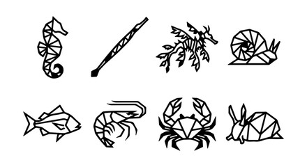 Geometric Marine Life Icons, Low Poly Sea Creatures Vector Set, Ocean Animals Graphics © imran