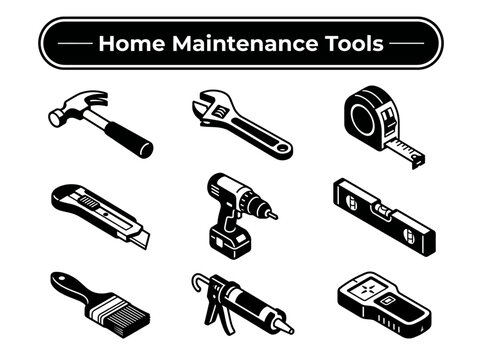 A collection of various home maintenance tools including a hammer, wrench, tape measure, paintbrush, drill, level, paint roller, pliers, and screwdriver on a flat surface.