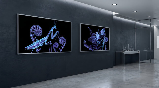 Sleek modern dark interior hallway or clinic featuring two large framed glowing blue x-ray style artworks of a praying mantis, insect, and ferns. Minimalist laboratory 3D rendering with copy space.