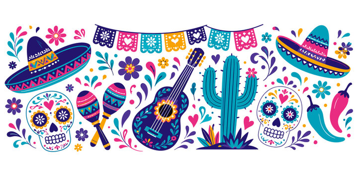 Vibrant Mexican fiesta elements with sugar skulls, sombreros, and guitar