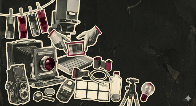 Vintage Editorial Collage of Analog Photography Darkroom Equipment and Film Developing Process for World Photography Day Banner with Copy Space